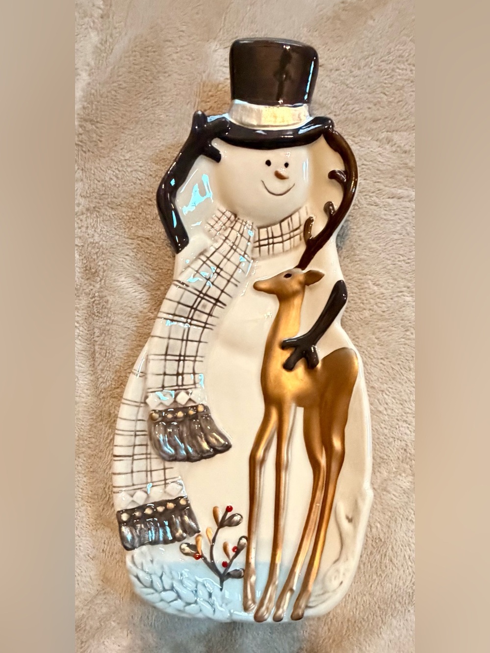 New Fitz and Floyd Winter Woods Spoon Rest Christmas Snowman Gold accents